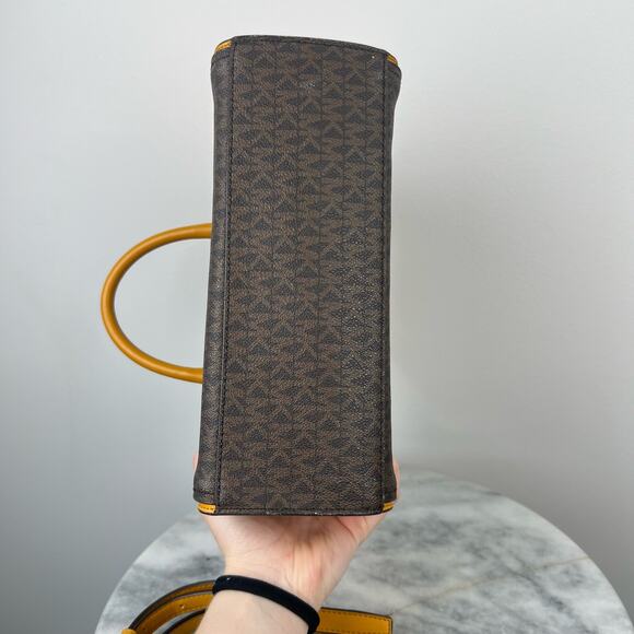 Michael Kors Yellow Leather And Brown Monogram Canvas Hope Satchel - Picture 8 of 12